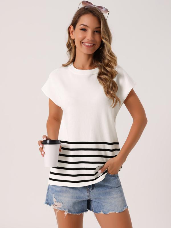INSPIRE CHIC Women's Sleeveless Round Neck Striped Sweater Vest Casual Cap Sleeve Ribbed Knit Pullover Top White
