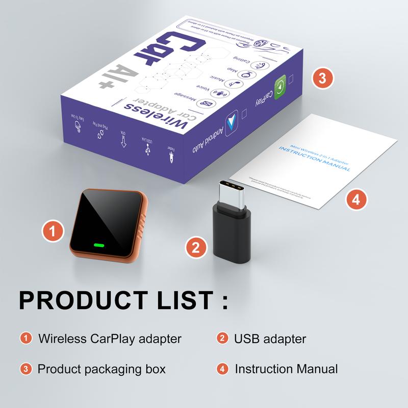 2026 Wireless CarPlay Adapter for iPhone & Android Fast Connection Zero Latency Hands-Free Calling & Charging Compact Orange Design