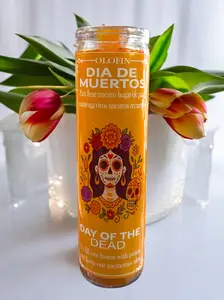 Olofin Dia De Muertos Candle - Day of The Dead Prayer Candles with Sugar Skull Design in Glass Jar - Personalizable for Loved Ones Traditional Decor Set Decorative Light Ornaments Tin