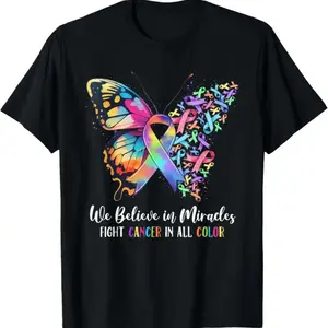 Colorful Butterfly Ribbon Cancer Awareness Graphic T-Shirt, Inspirational Hope Design Tee to Support Fighters and Survivors for Casual Everyday Wear and Awareness Events