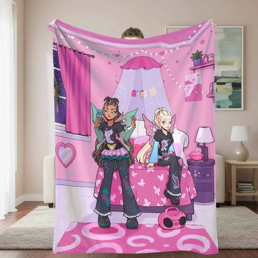 Anime Girl Fairy Friends Flannel Blanket Y2K Aesthetic Butterfly Pattern Super Soft Lightweight Plush Fuzzy Throw for Living Room Bedroom Cozy Couch Camping Travel Bestie Birthday Gift