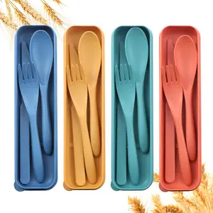 3-Piece Wheat Straw Knife Fork Spoon Set with Storage Box, Portable Cutlery for Students, Back-To-School Outdoor Travel Utensils, Lightweight