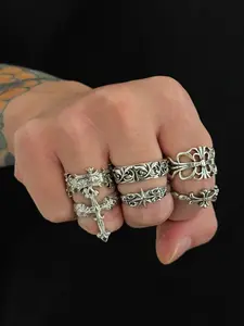 Gothic Carved Cross Ring Set, 6 Pcs Punk Streetwear Accessory, Unisex Alloy Rings, All Seasons Fashion Jewelry