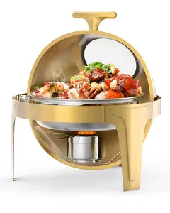 Gaomon 6QT Round Heavy-Duty Stainless Steel Roll-Top Lid Chafing Dish Buffet Set, Buffet Servers & Warmers with Glass Window, Temperature Control for Catering, Parties (Gold, Round Shape)