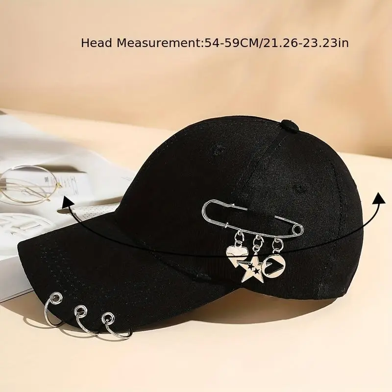 Women's Adjustable 21%-30% Polyester-Wool Blend Baseball Cap - Trendy Korean Style, Decorative Heart & Star Enamel Pins, Clip Functionality, Spring-Summer Fashion Hat Accessory, 21% (Inclusive) - 30% (Inclusive)