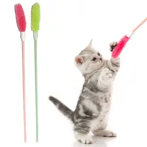 AlabongCat Interactive Cat Toys, 2Pcs Set of Teaser Wand Toys with Long Sticks and Soft Pink & Green Plush Tips for Indoor Cats and Kittens