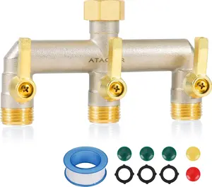 Garden 3-Way Full Flow Hose Splitter, 3/4 GHT Thread, Heavy Duty Brass Nickel Plated Outdoor Faucet Manifold Hose High Flow Adapterwith Individual Shutoff Valves Extended Handle