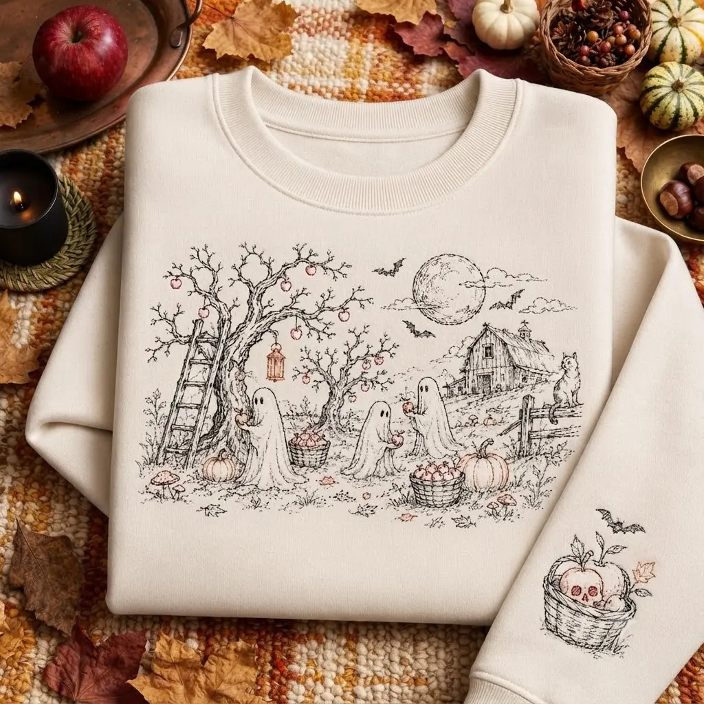 Embroidered Haunted Apple Orchard Sweatshirt, Ghost Halloween Crewneck, Vintage Fall Sweater, Apple Picking Gift, Stitched Halloween Scene