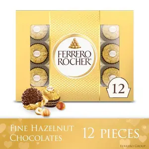 (W)FERRERO ROCHER Fine Hazelnut Milk Chocolate Candy, 12 Count Gift Box, Premium Chocolate Sweet Treats, 5.3oz / 150g, Golden Wrappers