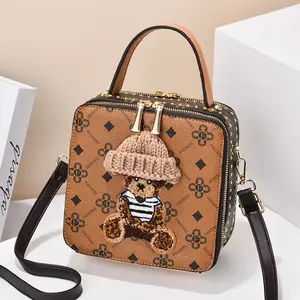M26-Cute Knit Bear Embroidered Box Handbag For Women Monogram Print Top Handle Crossbody Bag With Rivet Detail