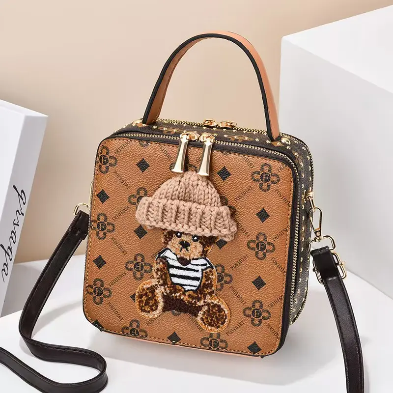 M26-Cute Knit Bear Embroidered Box Handbag For Women Monogram Print Top Handle Crossbody Bag With Rivet Detail
