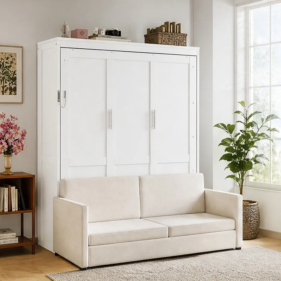 ARCH Queen Size MDF-LVL Murphy Wall Bed with Cushion, White Combination Sofa Convertible Couch Folding Modern Sleeper Lazy Bed, Easy Pull-Down Mechanism, 66.8L x 87W x 87.8H for Small Apartments, Convertible Sofa Couch