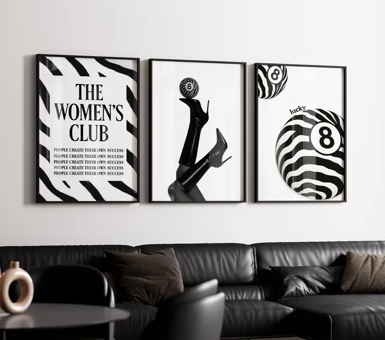 Set of 3 Black and White Posters | Zebra Print Luxury Club Wall Art | Retro 8 Ball Funky Prints | Y2K Fashion Aesthetic Modern Décor