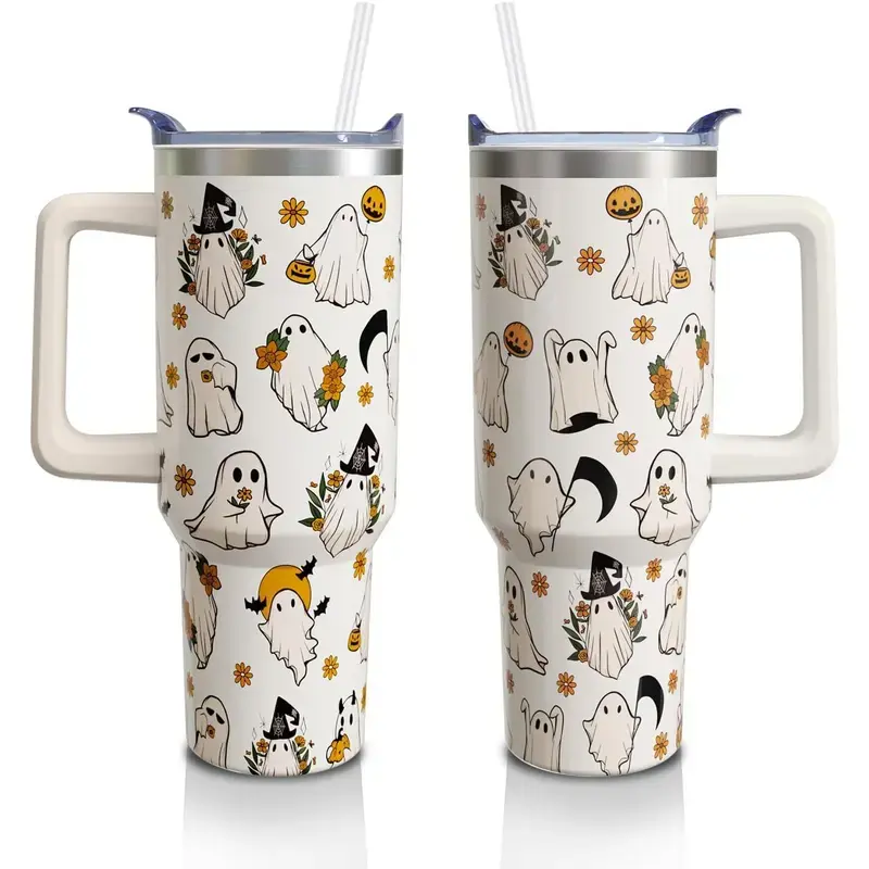 40 Oz Stainless Steel Vacuum Insulated Coffee Flask - Portable Aesthetic Thermal Mug, Halloween Ghost Bat-Design Tumbler with Handle & Straw, Spooky Kitchenware Holiday Gift for Girlfriend (1PC)