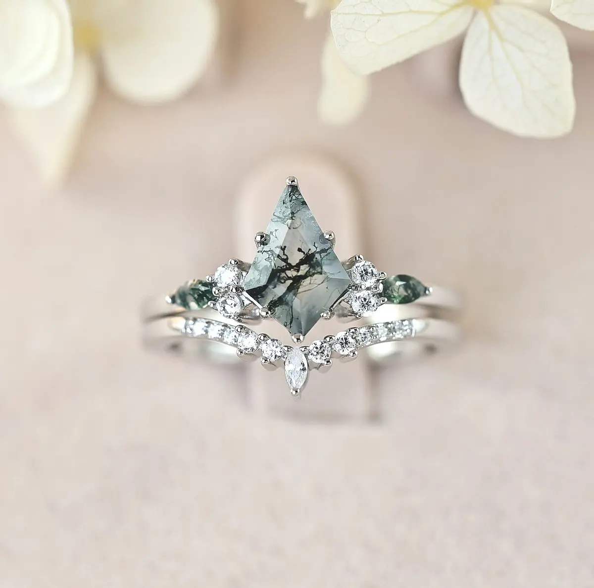 Janefashions Kite Cut Moss Agate Diamond Simulant CZ Engagement Ring Wedding Band Ring Set Sterling Silver S14164