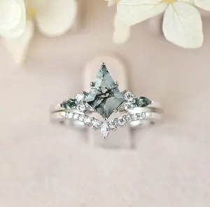 Janefashions Kite Cut Moss Agate Diamond Simulant CZ Engagement Ring Wedding Band Ring Set Sterling Silver S14164