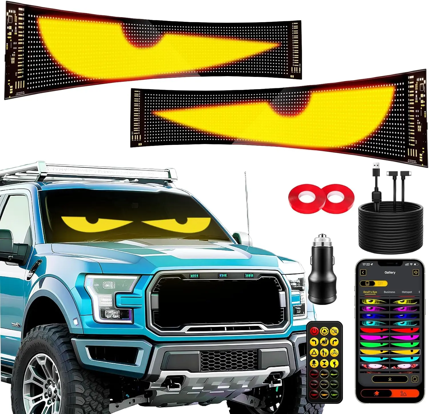 Devil Eyes Light for Cars 2PCS - 23.4''x4.7'' High-Brightness LED Windshield Eyes [Dual Screen 100% Sync] Programmable Text Patterns, Dynamic LED Eyes Display, App/Remote Control for Sedans SUV Trucks