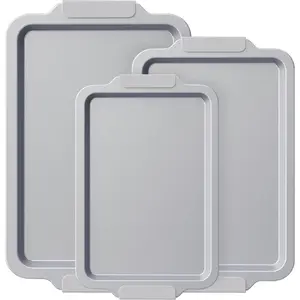 Non Stick Baking Sheet Pan Set of 3, Non Toxic Cookie Sheets (PFOA/PTFE Free), Aluminized Oven Trays with Handles, Rust-Resistant, Warp-Resistant to 500°F, Light Gray