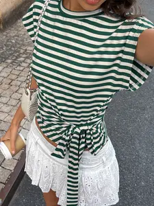 Womens striped tie waist crop top short sleeve striped blouse slim fit summer casual chic top trendy french style striped tee fashion streetwear vacation going out cute tie side striped top lightweight summer blouse for women