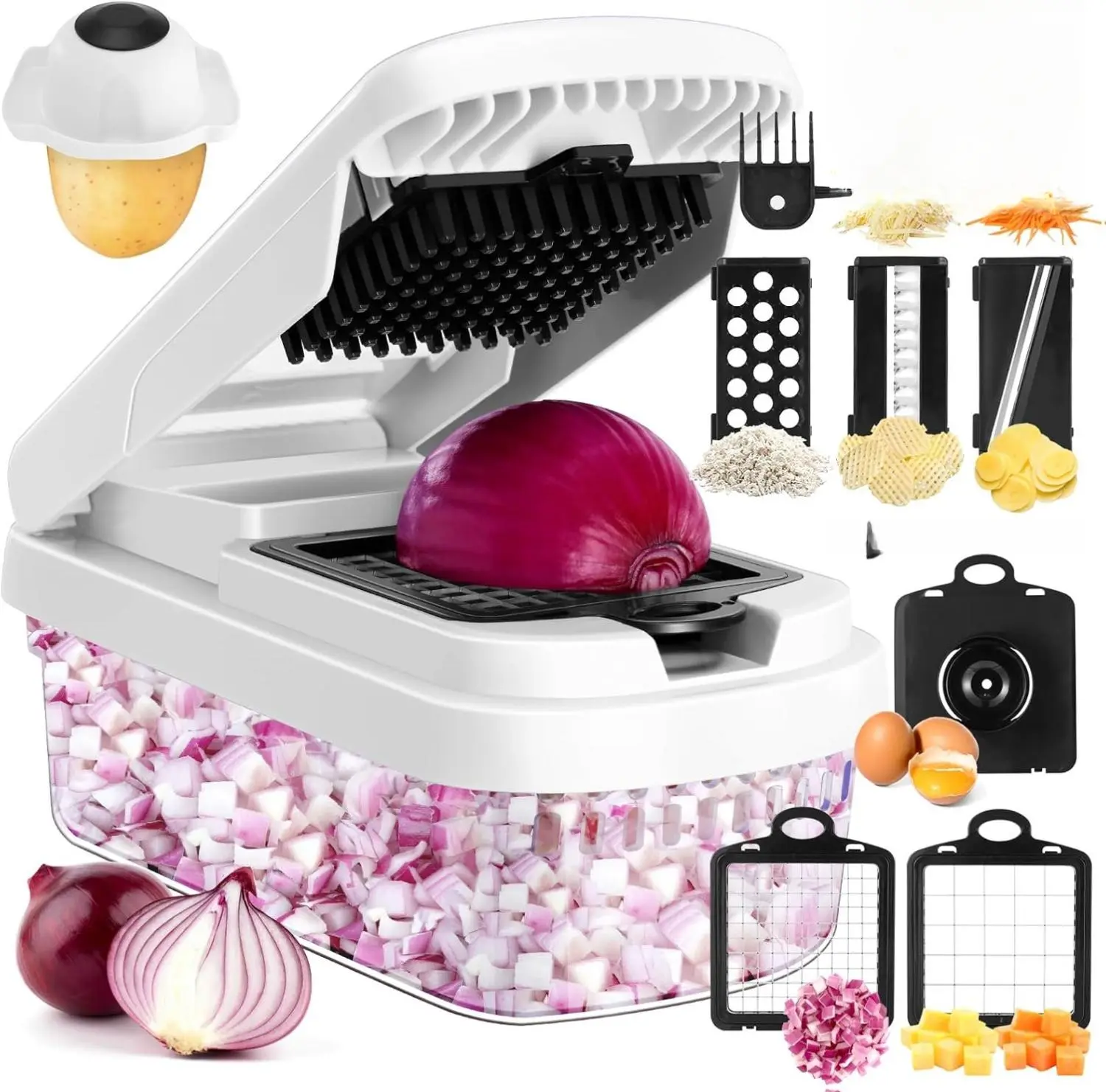 Vegetable Chopper,12-in-1 Multifunctional Food Chopper,Professional Onion Chopper with 7 Blades,Vegetable Cutter with Container for Salad,Potato,Carrot,and Garlic,Essential Kitchen Tool (White)
