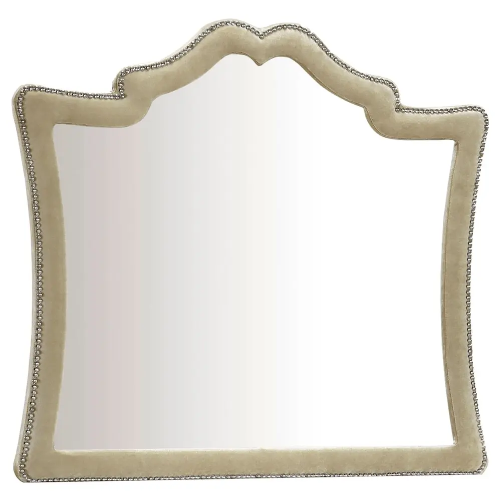 Antonella Upholstered Rectangle Dresser Mirror - Camel Finish, French Provincial Design, Curved Frame, Nailhead Trim, Textured Element, Glam Traditional Home Decor for Vanity, Bedroom Accent