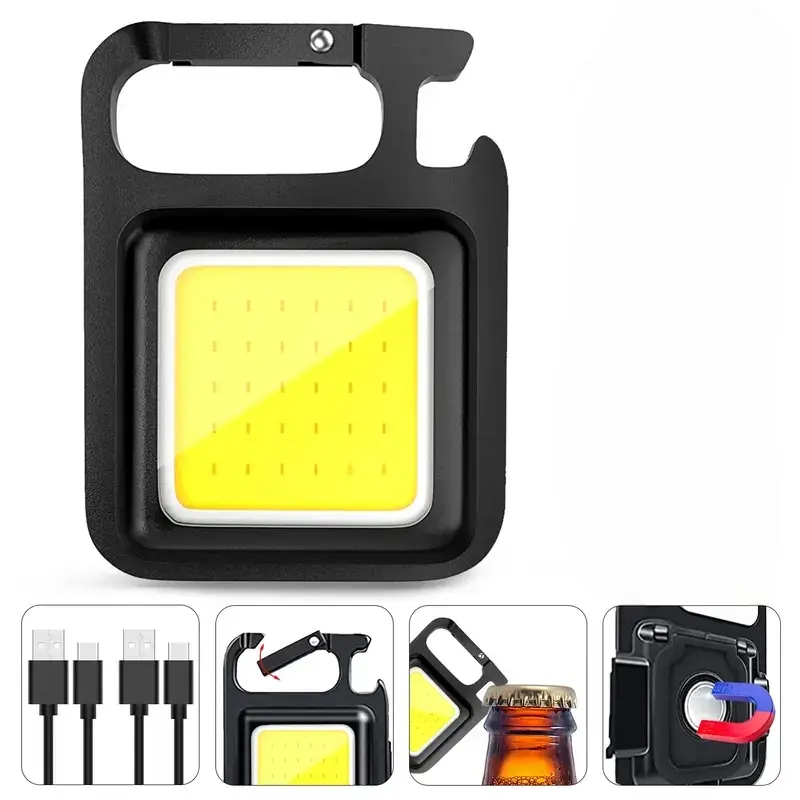 Portable Rechargeable Keychain Flashlight, 4-Mode COB LED Work Light, Magnetic Mini Light with Bottle Opener, USB-C Charging for Car, Garage, Camping, Emergency & Daily Carry