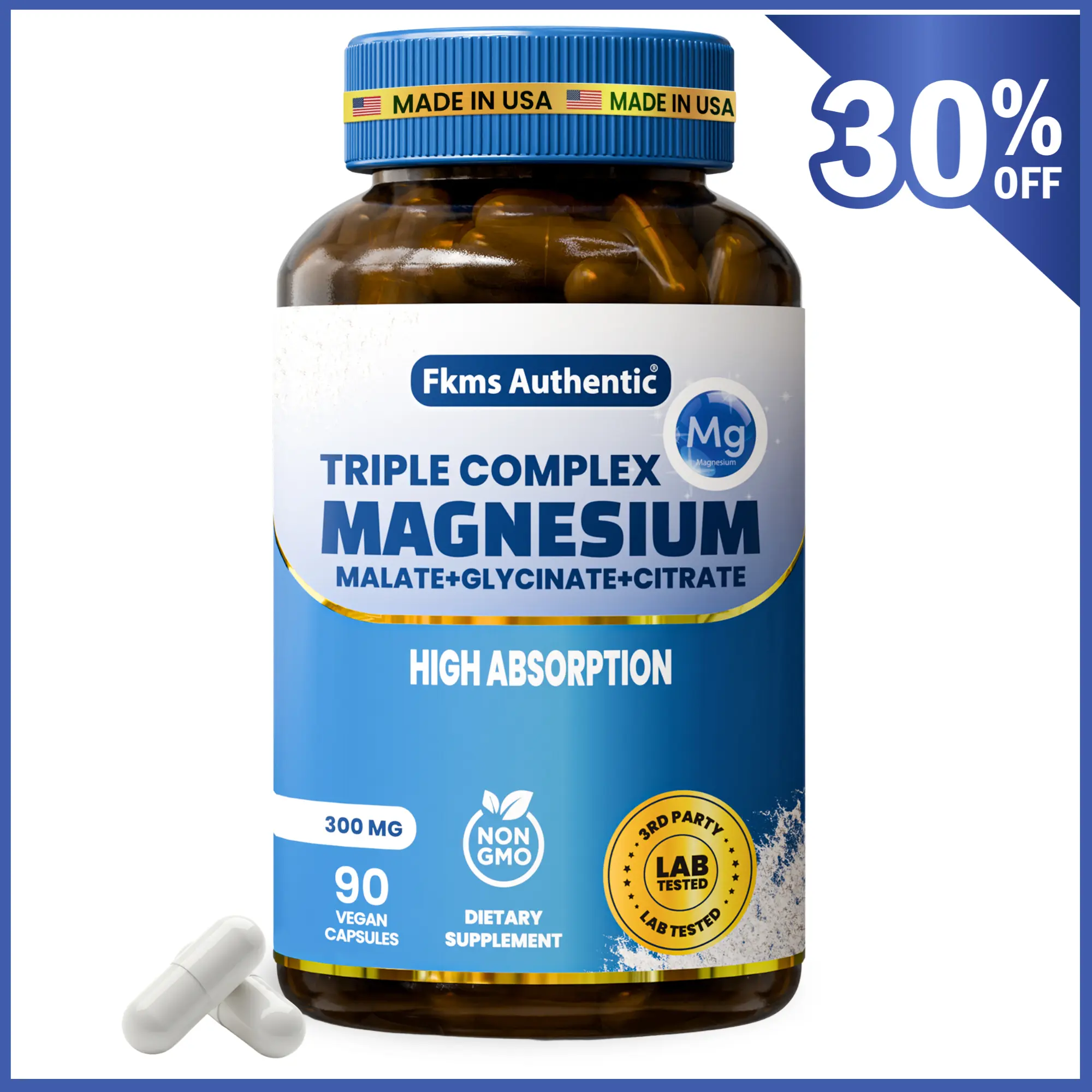 FKMS Authentic Triple Magnesium Complex Supplement | 300mg Glycinate, Malate, and Citrate for Sleep, Stress & Muscle Support | Gentle on Stomach | Vegan, Non-GMO | High Absorption Chelated Formula | 90 Capsules