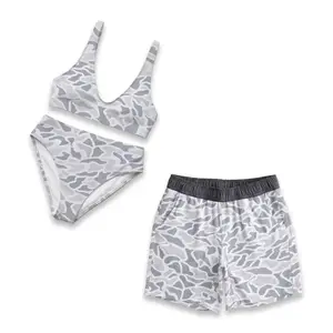 Casual Duck Camo Matching Couple Swimwear Set, Women’s Casual Bikini + Men’s Beach MESH Shorts, Hunting Camo Casual Bikini Set Summer Vacation Outfits for Him Her