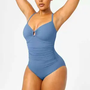 Tummy Control One Piece Swimsuit for Women Ruched Shaper Bathing Suit Glam U-Ring Shapewear Swimwear Crisscross Back Slimming Monokini