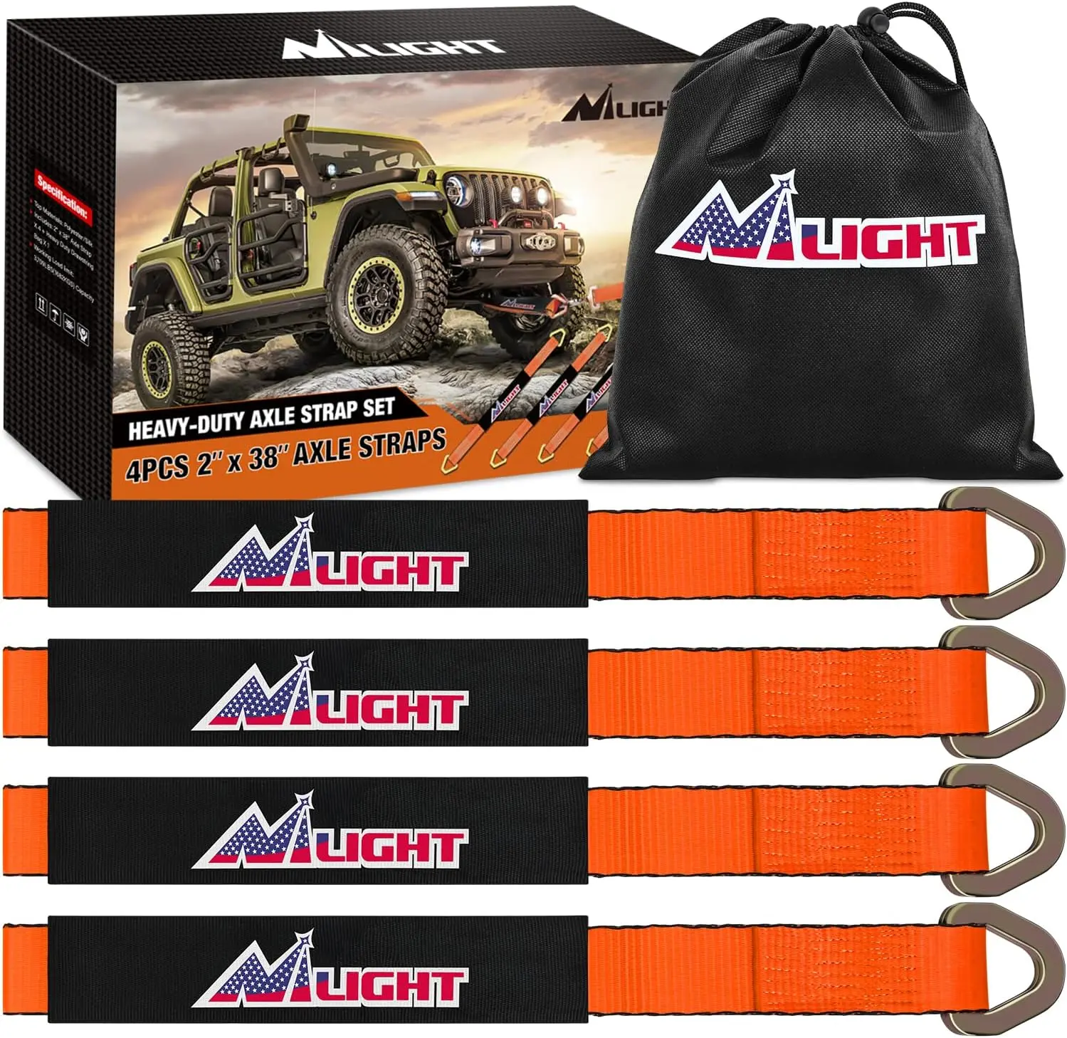 Nilight 4PCS Heavy-Duty 2"x38" Axle Tie Down Straps for ATV, Trailer, Jeeps - Polyester Webbing, Protective Sleeve, D-Ring Hook, 11127lbs Lab-Tested Break Strength, Steel Edges, Bonus Drawstring Bag for Car Transport, 11,127Lbs