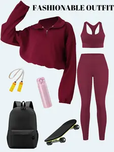Women's Casual Sporty 3-Piece Set, Tracksuit Set, Fleece-Lined Half-Zip Top, Quick-Dry Sports Bra & Tight-Fit Leggings, Ideal for Yoga Gym Outdoor Activities