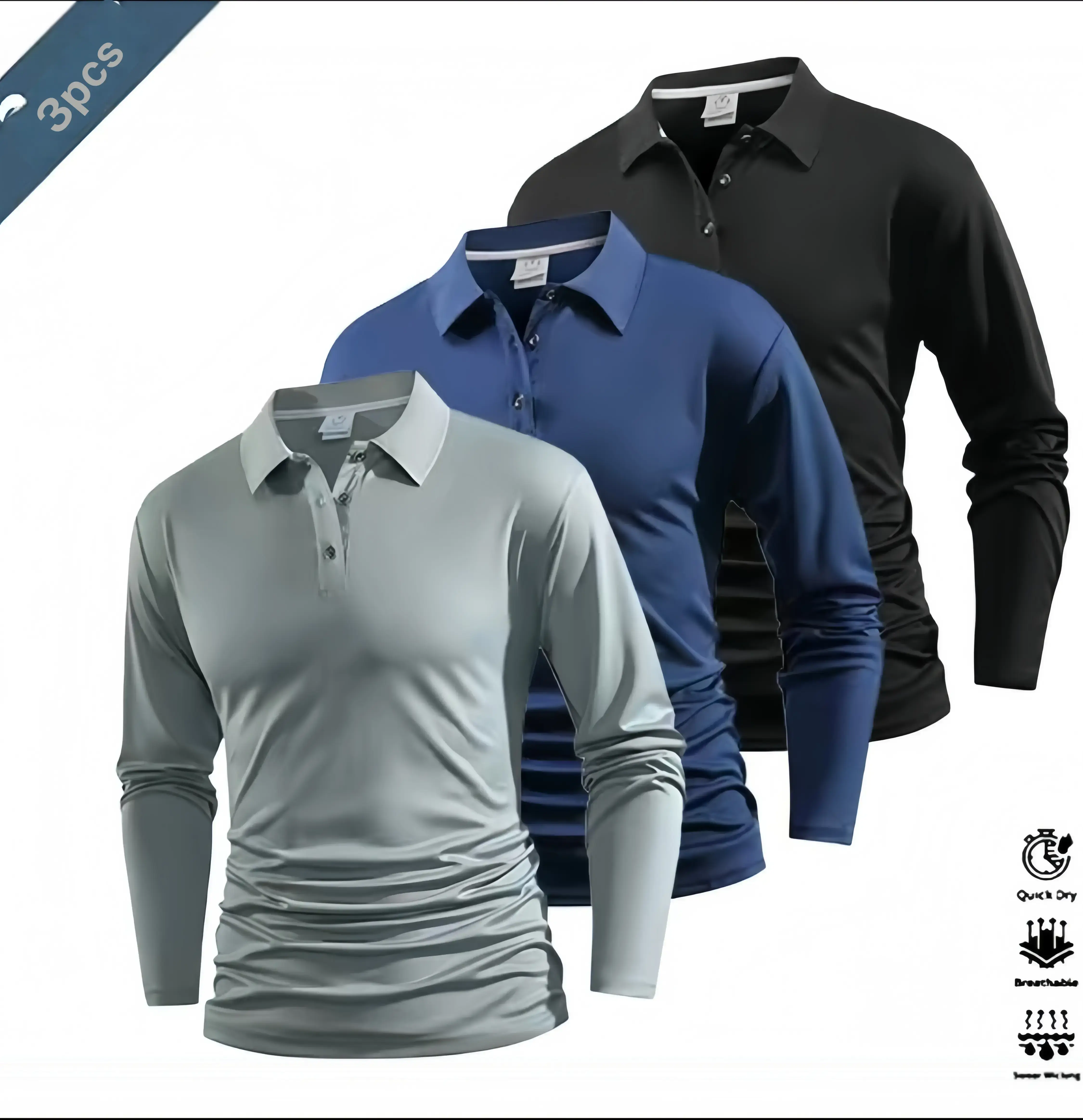 Three piece long sleeve men's Polo shirt, featuring a lightweight and simple style with a fold over collar that exudes a neat appearance. The three button closure is convenient, the fabric is soft and draped, and the fit is comfortable and not tight. Suit