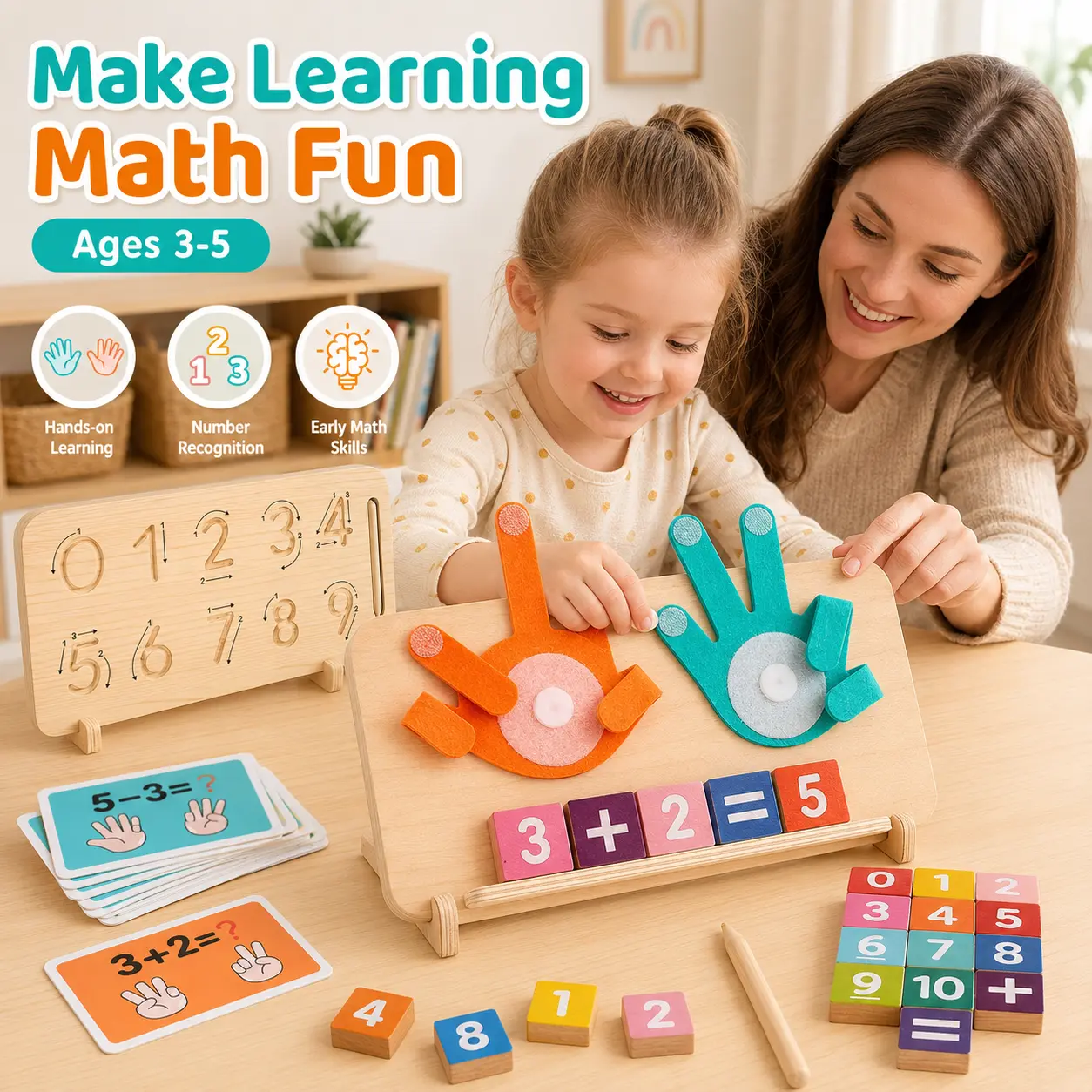 Wooden Montessori Math Counting Toy for Toddlers 2-5, Finger Counting Board with Number Blocks, Preschool Learning Manipulatives with Number Tracing Board & Addition-Subtraction Flash Cards