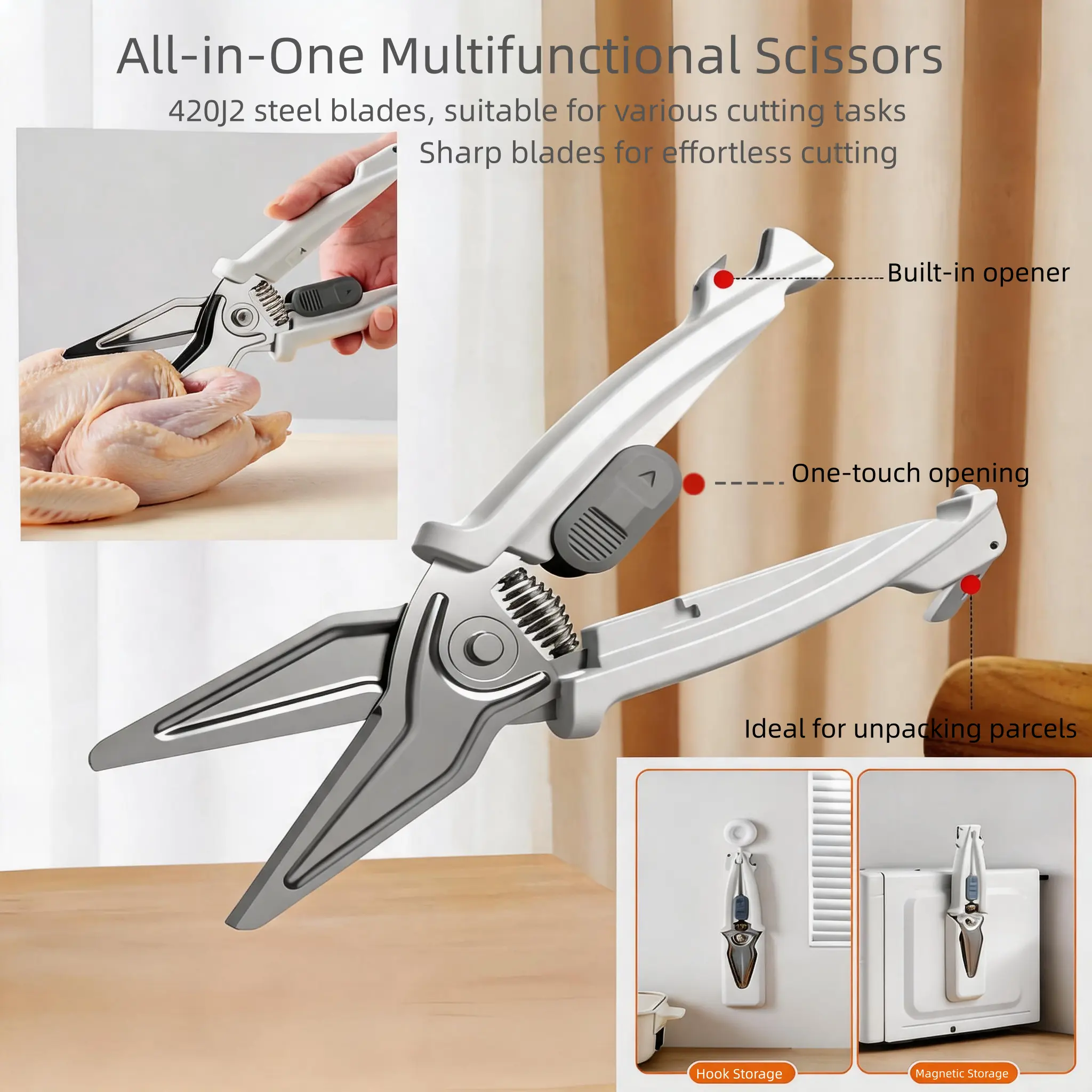 Stainless Steel Kitchen Shears, Sharp Meat Scissors, Heavy Duty Poultry Shears, Cooking Scissors for Food, Chicken Bones, and Turkey