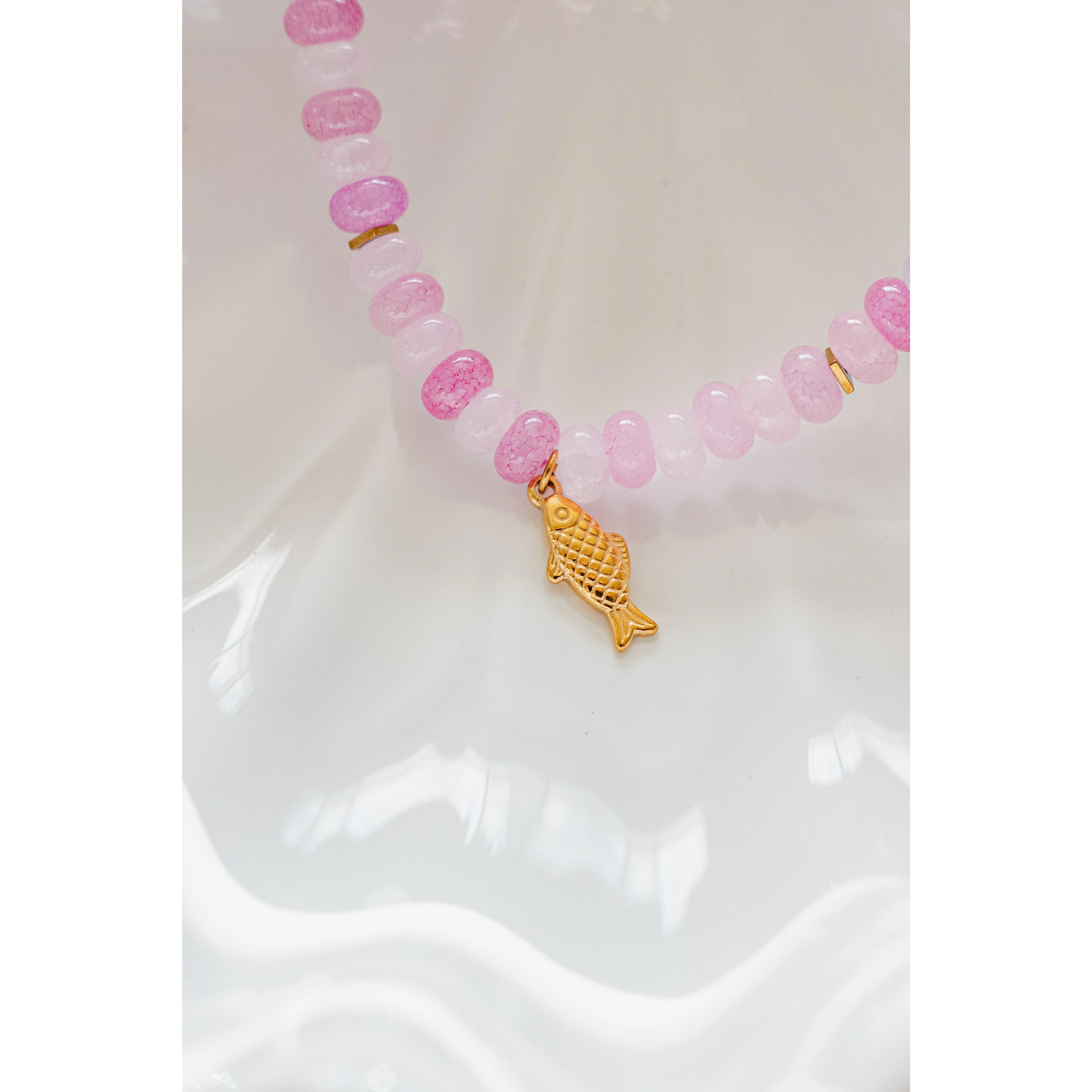 Pink Beaded Necklace with Sardine Chatm