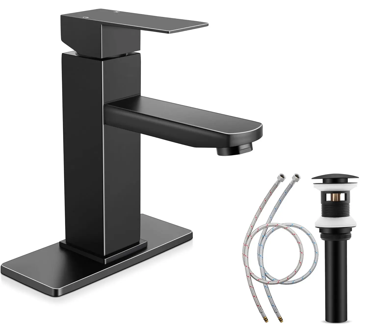 1 Hole Black Bathroom Faucet, Stainless Steel Modern Bathroom Sink Faucets, Single Handle Black Bathroom Sink Faucets with Pop-up Sink Drain & Deck Plate with 2 Water Hoses for Sink Vanity RV Restroom