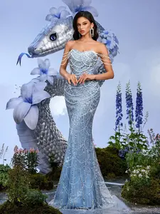 Luxury Beaded Mermaid Evening Gown | Strapless Light Blue Formal Dress for Wedding & Prom | Maxi Length Woven Fabric Hand Beading Sequin Splicing Womenswea