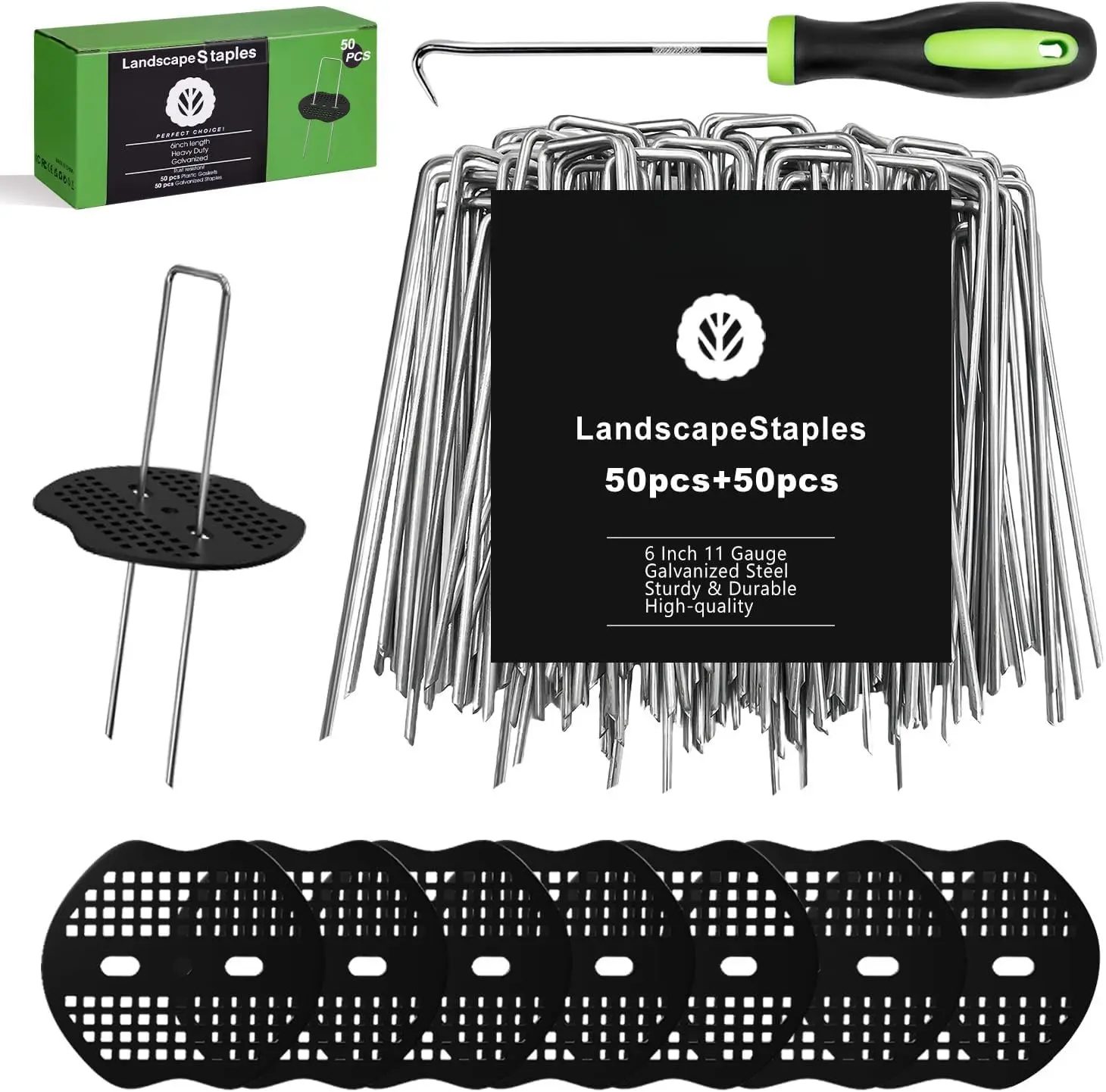 Landscape Staples 6 Inch 50 count Garden Stakes +50pcs Gasket, Galvanized Lawn Pins Spray Coating Yard Ground Spikes, U-Type Staples for Weed Barrier Anchoring Outdoor Tents Hoses