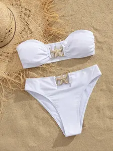 Women's Plain Bikini Set, Casual Fashion Chic Hollow Out Bandeau Swim Bra & High Cut Swim Panty Swimsuit Set, Ladies Swimwear for Beach Holiday Vacation, Bandeau Bikini Top