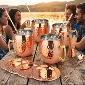 15-Piece Water-Resistant Moscow Mule Mug Set, Rose Gold Hammered Copper Cocktail Kit with Coasters, Shatter-Resistant Drinking Set for Lakeside Fishing Boating