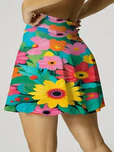 Summer Women's Lightweight Sporty Tennis Skirt and Shorts Set with Pockets, Floral Print, Ideal for Running Yoga Fitness