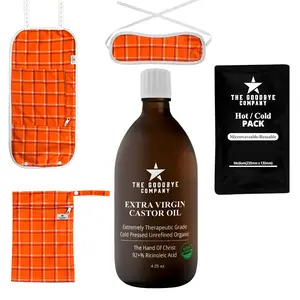 The Goodbye Company | Organic Castor Oil Pack Kit with Castor Oil, Adjustable Cotton Wraps for Bloating Support, Digestive Health & Inflammation Relief | Reusable Hot/Cold Therapy Compress | Perfect Gift,  Natural Wellness Solution | Body Oil Treatment