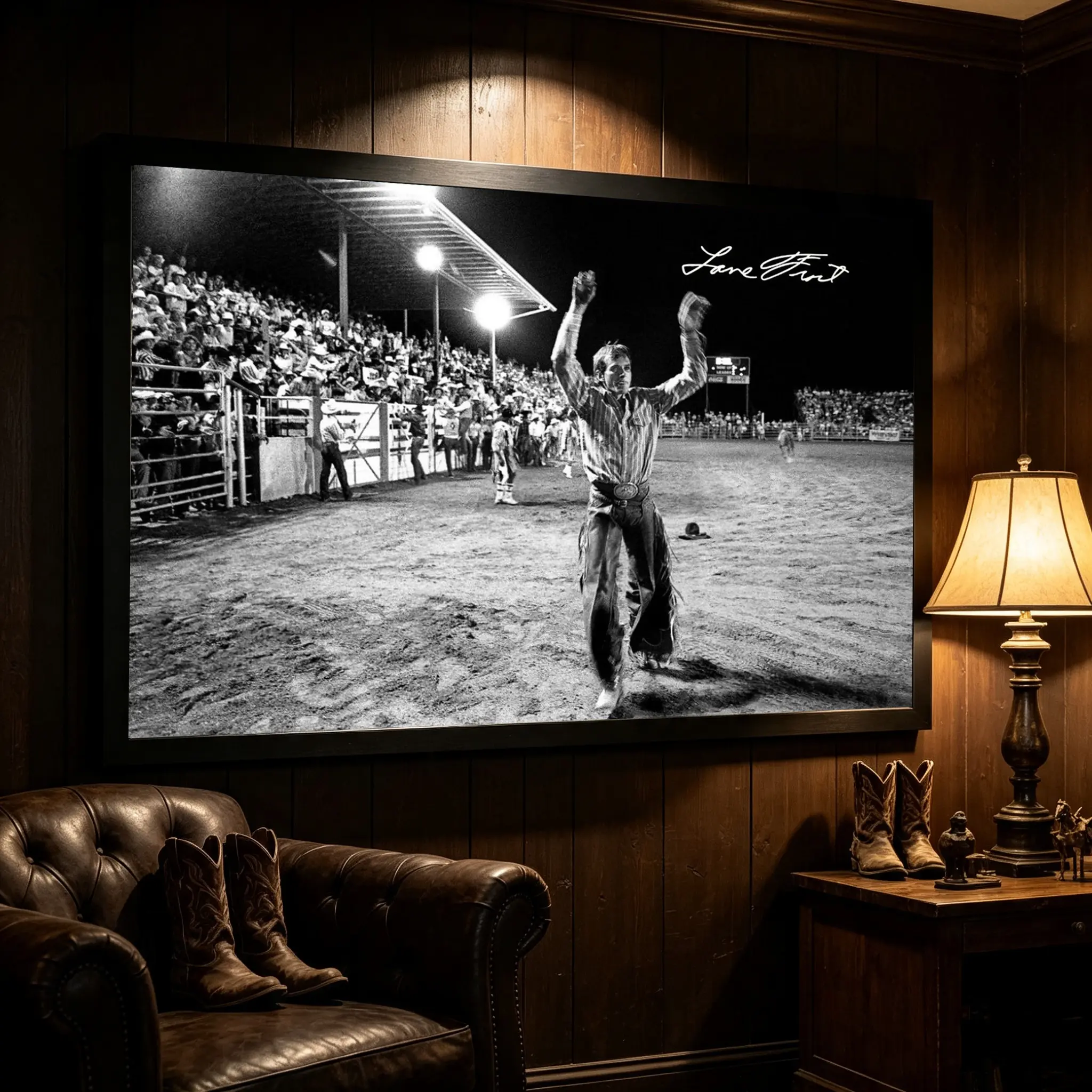 Lane Frost Signed-Style Canvas Print - Black-White Vintage Bull Rider Rodeo Arena Wall Art, Collectible Home Decor for Man Cave & Ranch House, Gift for Western Culture Fans