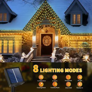 Large Size Solar Curtain Lights Outdoor, 8 Modes Outdoor Solar String Icicle Lights, Solar Garden Christmas Lights Decortions for Patio, Gazebo, Eaves, Fence, Tree, Porch