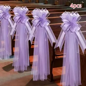 4Pcs White Purple Bow Tulle Decor Set, Soft Mesh Chair Sash Ornaments, Elegant Wedding Backdrop Decor for Outdoor Festival Party
