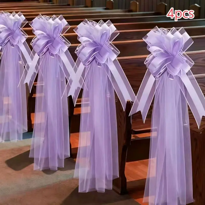 4Pcs White Purple Bow Tulle Decor Set, Soft Mesh Chair Sash Ornaments, Elegant Wedding Backdrop Decor for Outdoor Festival Party, Party Decoration, Party Decor Props, Party Decor Supplies