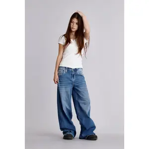 rr Women's Medium Blue Oversized Wide-Leg Leather Embroidery Jeans, Women's Bottom Pants