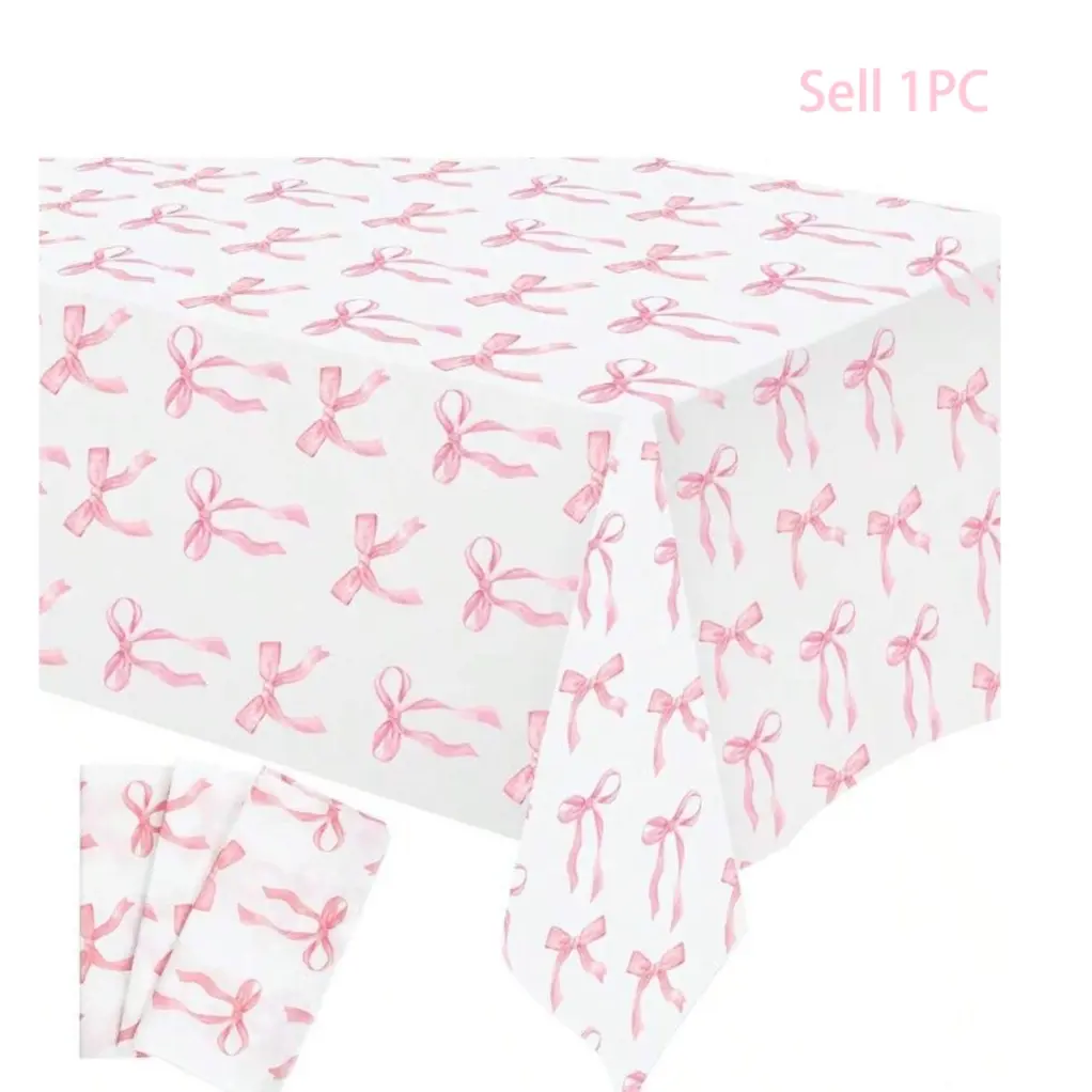 1PC Pink Bow Table Cloth，Coquette Bow Table Cover，Rectangle Pink Tablecloth Disposable Table covers，Coquette Party Decorations For Wedding Engagement，Bridal Birthday Decor，party essential，Party Props，Party Supply