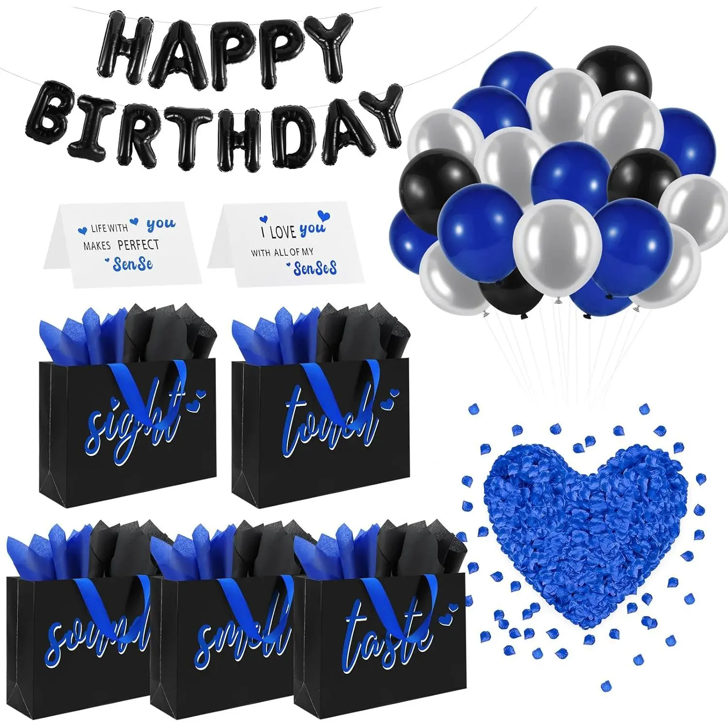 Addblu 5 Senses Photo Gift Bundle Set, 12.6"X8.7"X4" Black Goody Bag with Blue Lettering for Husband/Boyfriend, Happy Birthday Themed Goodies Kit Including Labels, Tissue Paper, Handles, Banner, Balloons, Rose Petals, Cards (Birthday Favors)