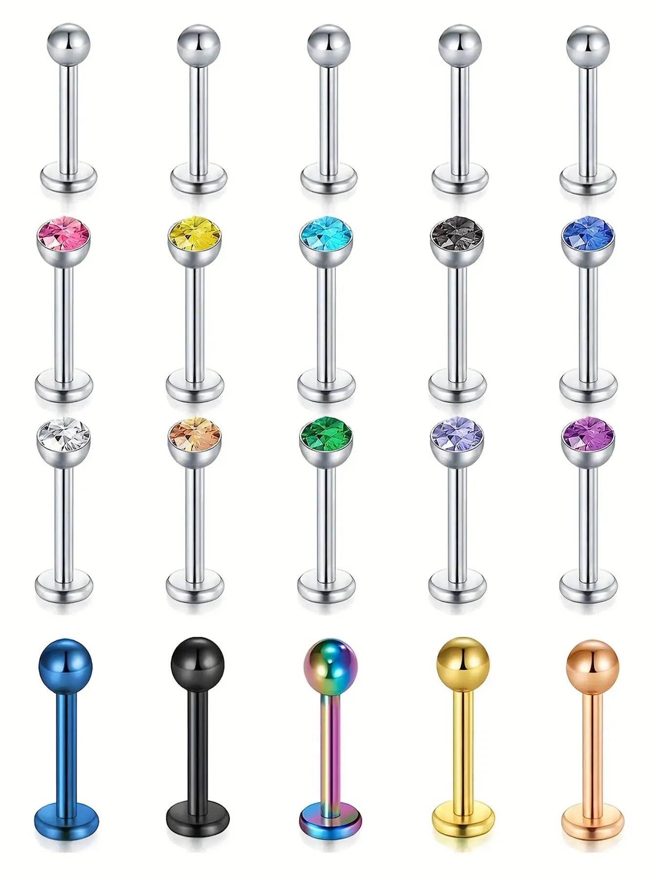 Rhinestone Decorated Lip Studs Piercing Set, 20pcs Stainless Steel Ball Lip Studs Ear Bone Studs Set, Multi-color Ear Studs, Body Piercing Jewelry Flat Ear Studs, Fashion Body Jewelry, High Quality Pierced Jewelry